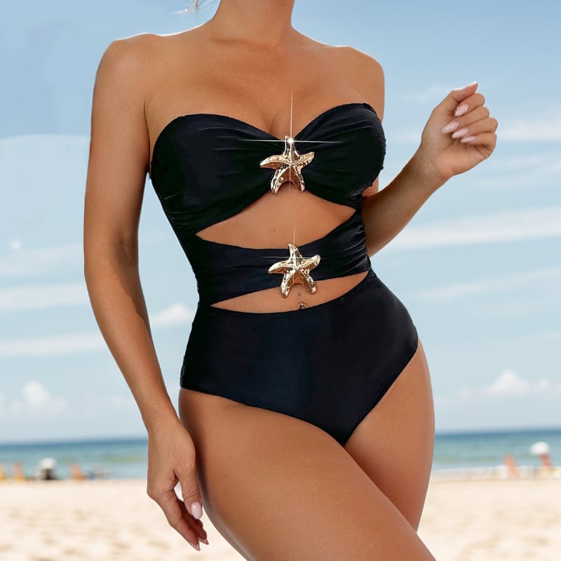 Jednodijelni bikini kupaći kostim s dvije mogućnosti nošenja, bez naramenica, visokim strukom, otpozadi otvoren, uski kroj; jastučići za prsa i bez čelične potpore; materijal: najlon 80%, podstava 20%