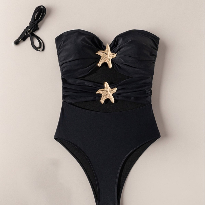 Jednodijelni bikini kupaći kostim s dvije mogućnosti nošenja, bez naramenica, visokim strukom, otpozadi otvoren, uski kroj; jastučići za prsa i bez čelične potpore; materijal: najlon 80%, podstava 20%