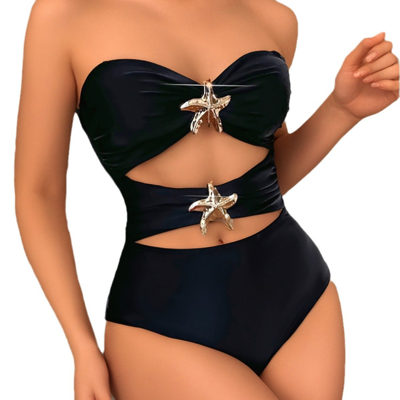 Jednodijelni bikini kupaći kostim s dvije mogućnosti nošenja, bez naramenica, visokim strukom, otpozadi otvoren, uski kroj; jastučići za prsa i bez čelične potpore; materijal: najlon 80%, podstava 20%