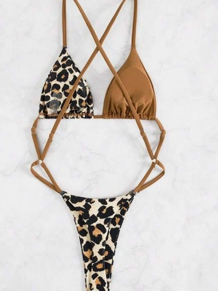 Costum de baie bikini leopard cu șnur pentru femei – fără spate, uscare rapidă; material: poliester/elastan 82/18; cupe incluse; căptușeală 95/5
