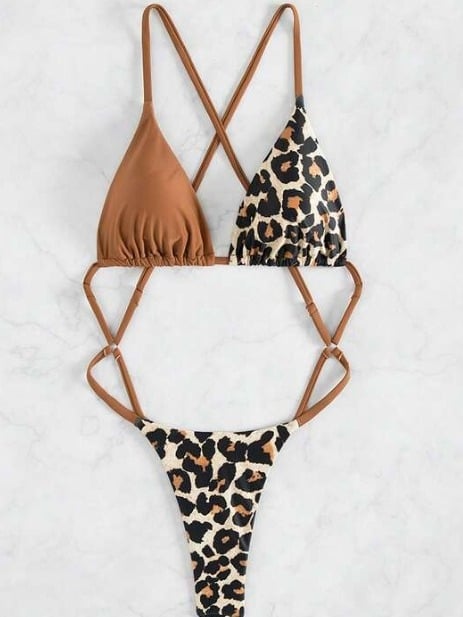 Costum de baie bikini leopard cu șnur pentru femei – fără spate, uscare rapidă; material: poliester/elastan 82/18; cupe incluse; căptușeală 95/5