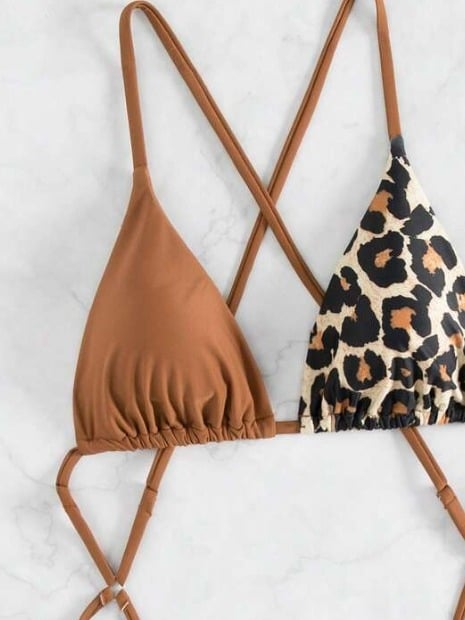 Costum de baie bikini leopard cu șnur pentru femei – fără spate, uscare rapidă; material: poliester/elastan 82/18; cupe incluse; căptușeală 95/5