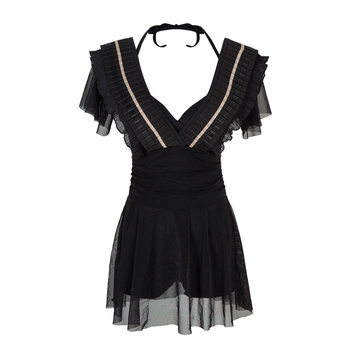 Γυναικείο ολόσωμο μαγιό με επένδυση στήθους και ατσάλινη υποστήριξη, κοντά μανίκια, υψηλή ελαστικότητα, συντηρητικό μοτίβο, πολυεστερικό ύφασμα 95%