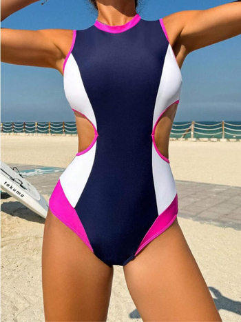 Costum de baie întreg – color-block, talie înaltă, material nylon, căptușeală poliester și elastan, cu pernă pentru sân