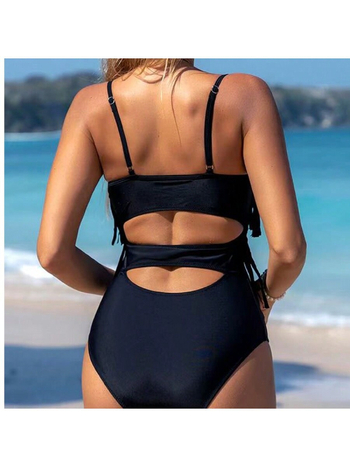 Γυναικείο ολόσωμο μαγιό, μονοχρωμικό σχέδιο, με κρόσια και ανοιχτή πλάτη, με επένδυση στηθών, πολυεστέρας 82/18