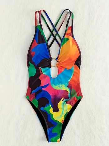 Μονόσωμο μαγιό; βαθύ V στην πλάτη με διασταυρούμενο ιμάντα; ενισχυτικά για το στήθος; ύφασμα πολυεστέρα-σπαντεξ 82/18; επένδυση πολυεστέρα.