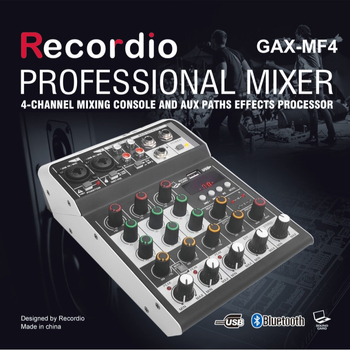 GAX-MF4 μίνι μίκτης ήχου για σκηνή και οικιακή χρήση, 4 κανάλια, ρεβέρμπ, Bluetooth, USB/MP3