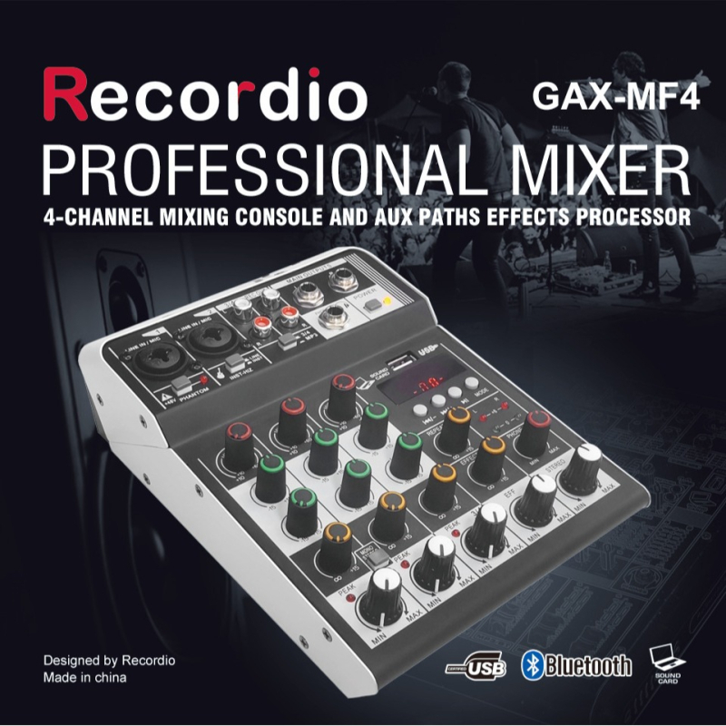 GAX-MF4 μίνι μίκτης ήχου για σκηνή και οικιακή χρήση, 4 κανάλια, ρεβέρμπ, Bluetooth, USB/MP3