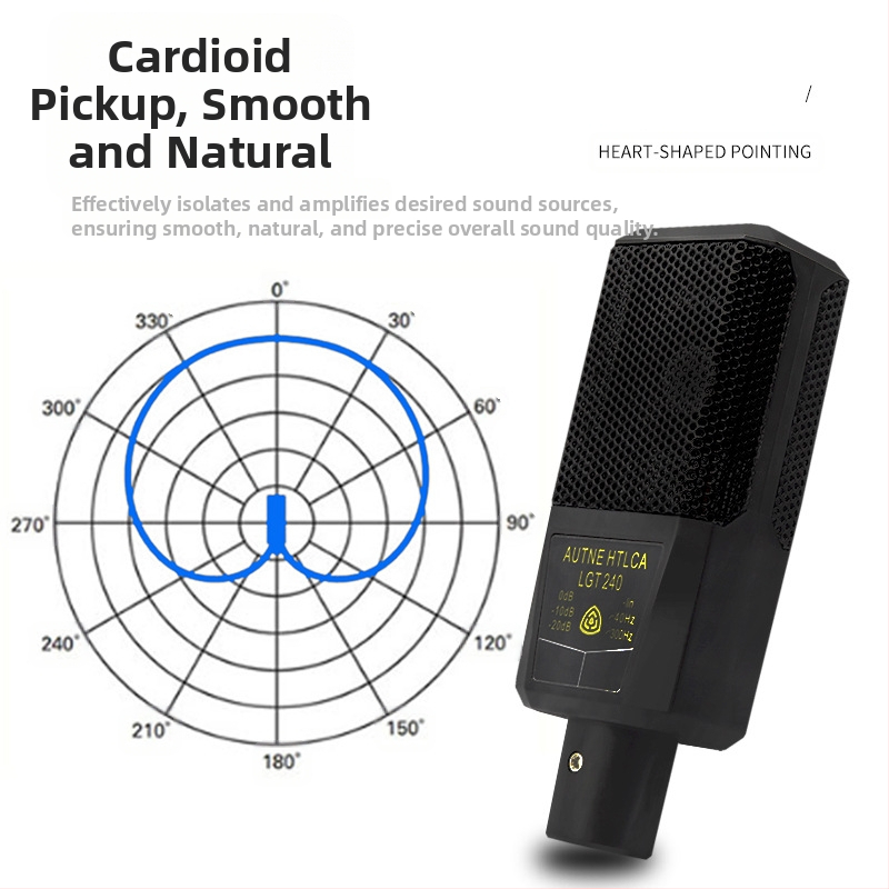 Кондензаторен микрофон с голяма диафрагма за лайв стрийминг с външен аудио интерфейс; кардиоиден; честотен диапазон 100 Hz–20 kHz; SNR ≥ 100 dB