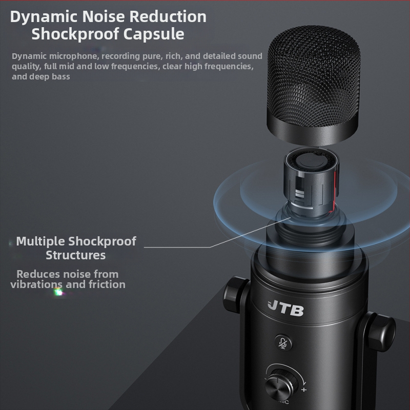 JTB професионален динамичен микрофон с шумопотискане, мониторинг в реално време за видео стрийминг, USB/XLR двойен интерфейс, SNR ≥ 85 dB