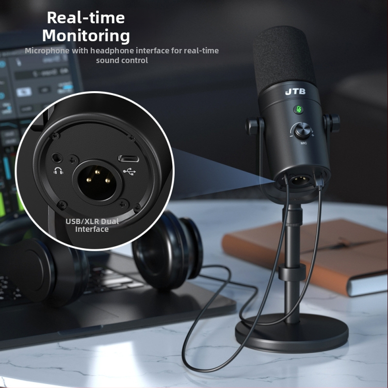JTB професионален динамичен микрофон с шумопотискане, мониторинг в реално време за видео стрийминг, USB/XLR двойен интерфейс, SNR ≥ 85 dB