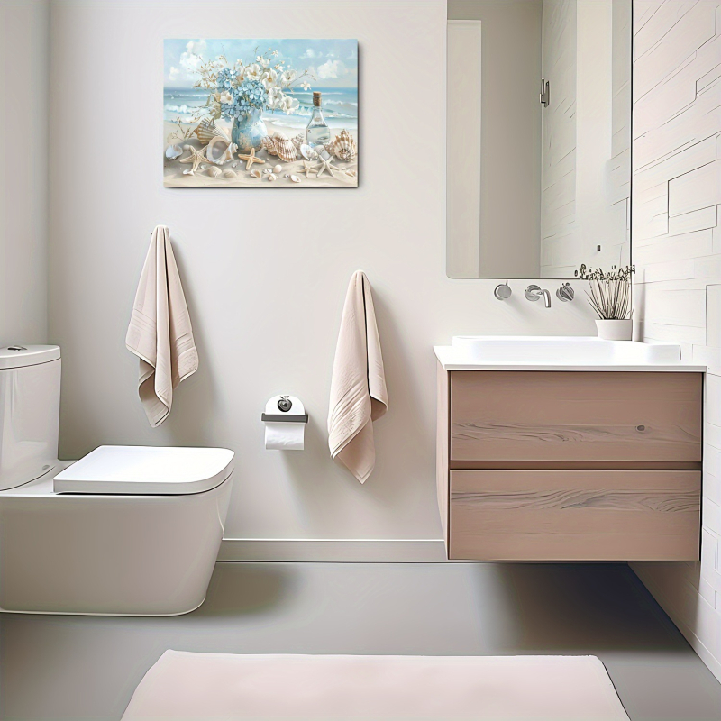 Επιτοίχιο καμβά τέχνης: θαλάσσιο τοπίο με κοχύλια και αστερία, χωρίς κάδρο, inkjet εκτύπωση, προσαρμογή κατά σχέδιο, κάθετος ορθογώνιος