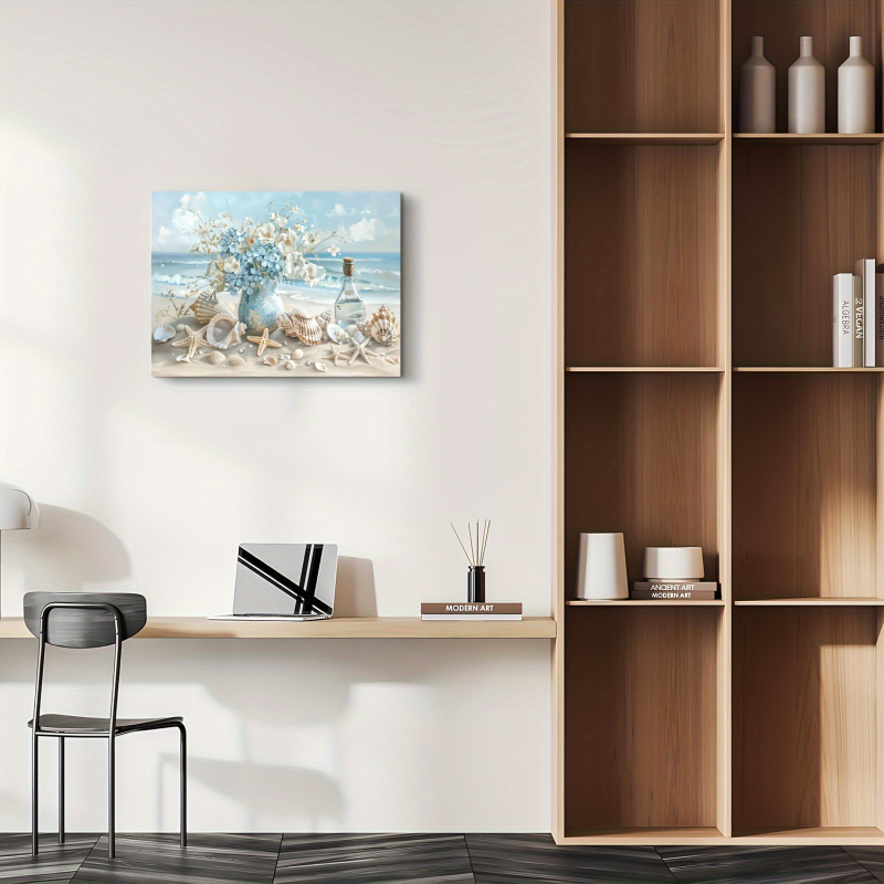 Sienas glezna: jūras piekrastes aina ar gliemežvākiem un jūras zvaigzni, bez kadra, inkjet drukāšana, pielāgojama pēc zīmējuma, vertikāls taisnstūris