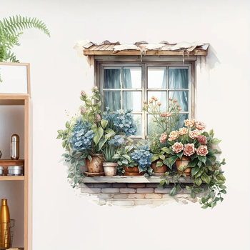 PVC sienos lipdukas – Brup/Boran Premium – Karikatūrų žiedų peizažas prie lango, 1 vnt., tinkama svetainei, miegamajai, įėjimui