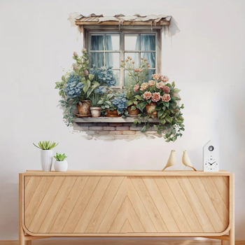 PVC sienos lipdukas – Brup/Boran Premium – Karikatūrų žiedų peizažas prie lango, 1 vnt., tinkama svetainei, miegamajai, įėjimui