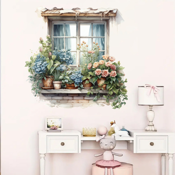 PVC sienos lipdukas – Brup/Boran Premium – Karikatūrų žiedų peizažas prie lango, 1 vnt., tinkama svetainei, miegamajai, įėjimui