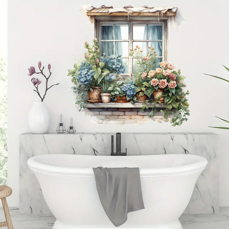 PVC sienos lipdukas – Brup/Boran Premium – Karikatūrų žiedų peizažas prie lango, 1 vnt., tinkama svetainei, miegamajai, įėjimui