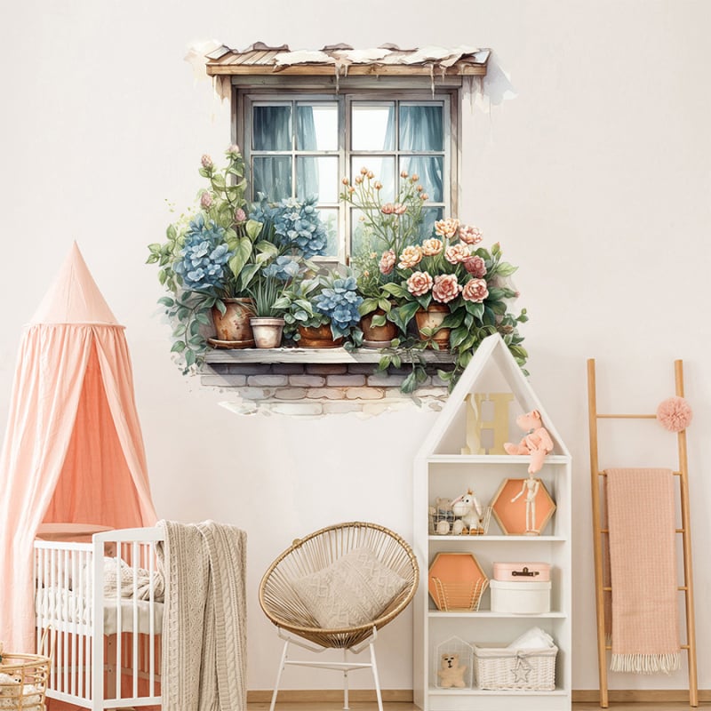 PVC sienos lipdukas – Brup/Boran Premium – Karikatūrų žiedų peizažas prie lango, 1 vnt., tinkama svetainei, miegamajai, įėjimui