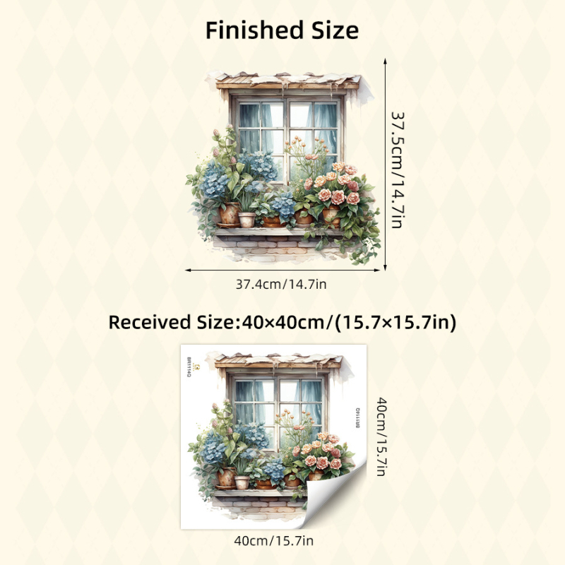 PVC sienos lipdukas – Brup/Boran Premium – Karikatūrų žiedų peizažas prie lango, 1 vnt., tinkama svetainei, miegamajai, įėjimui