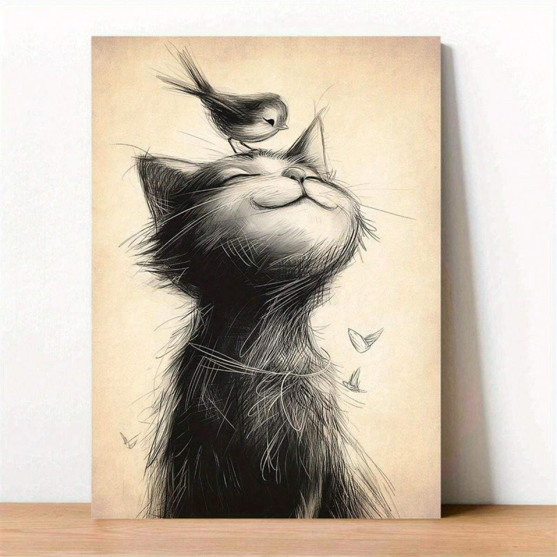 Kanvasplakat, kaasaegne kunst, lind istub kassi pea kohal; muster: Loomad; raam: ilma raamita / raamiga; raamimaterjal: alumiinium sulam; lõuendi materjal: õlivärvi lõuend; trükk: inkjet trükk