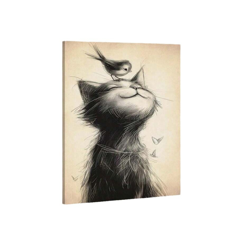 Kanvasplakat, kaasaegne kunst, lind istub kassi pea kohal; muster: Loomad; raam: ilma raamita / raamiga; raamimaterjal: alumiinium sulam; lõuendi materjal: õlivärvi lõuend; trükk: inkjet trükk