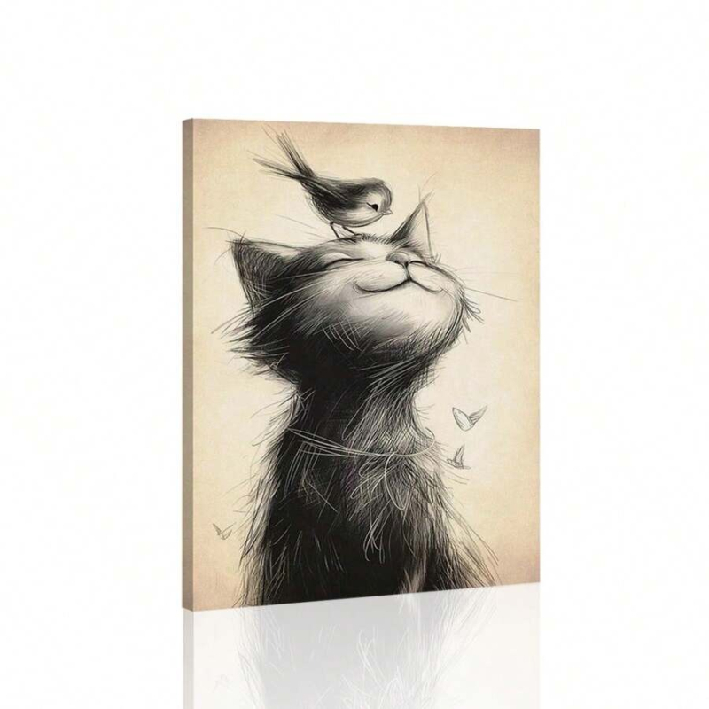 Kanvasplakat, kaasaegne kunst, lind istub kassi pea kohal; muster: Loomad; raam: ilma raamita / raamiga; raamimaterjal: alumiinium sulam; lõuendi materjal: õlivärvi lõuend; trükk: inkjet trükk