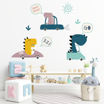 Lipdukas ant sienos su animaciniu dinozauru ir automobiliu, PVC, atsparus vandeniui, 2 vnt., tinka vaikų kambariui, miegamajam ir koridoriui