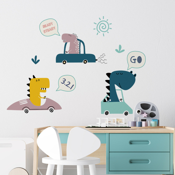 Lipdukas ant sienos su animaciniu dinozauru ir automobiliu, PVC, atsparus vandeniui, 2 vnt., tinka vaikų kambariui, miegamajam ir koridoriui