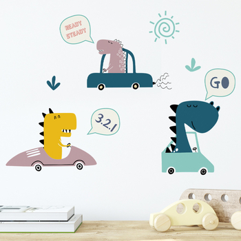 Lipdukas ant sienos su animaciniu dinozauru ir automobiliu, PVC, atsparus vandeniui, 2 vnt., tinka vaikų kambariui, miegamajam ir koridoriui