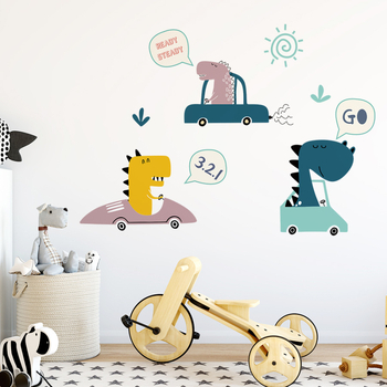 Lipdukas ant sienos su animaciniu dinozauru ir automobiliu, PVC, atsparus vandeniui, 2 vnt., tinka vaikų kambariui, miegamajam ir koridoriui