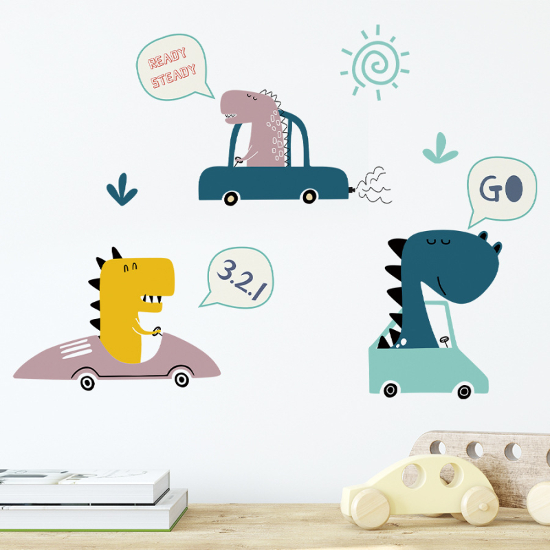 Lipdukas ant sienos su animaciniu dinozauru ir automobiliu, PVC, atsparus vandeniui, 2 vnt., tinka vaikų kambariui, miegamajam ir koridoriui