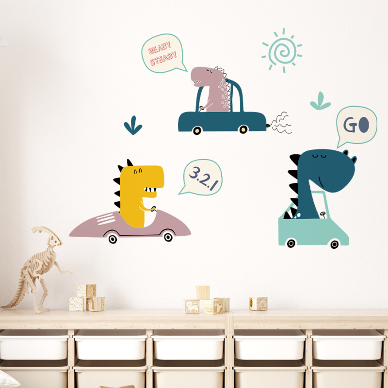 Lipdukas ant sienos su animaciniu dinozauru ir automobiliu, PVC, atsparus vandeniui, 2 vnt., tinka vaikų kambariui, miegamajam ir koridoriui