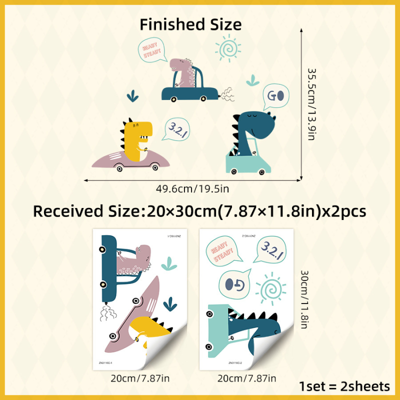 Lipdukas ant sienos su animaciniu dinozauru ir automobiliu, PVC, atsparus vandeniui, 2 vnt., tinka vaikų kambariui, miegamajam ir koridoriui