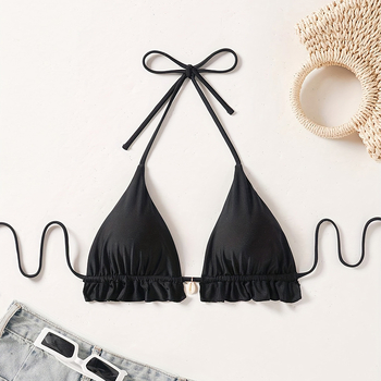 Τοπ μπικίνι με κορδόνια, τρίγωνες cups, επένδυση στήθους, ύφασμα νάιλον, χωρίς μανίκια