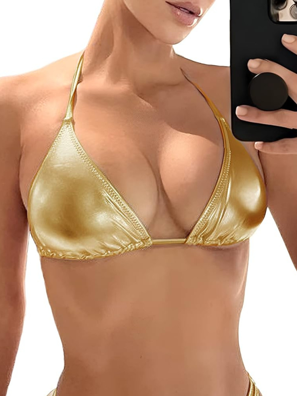 Top de bikini halter cupe, fără spate, cu elasticitate mare; material nylon 90% și căptușeală poliester 82%.