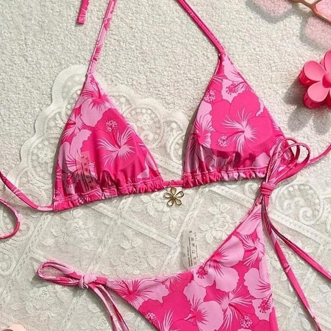 Bikini tie-dye cu gât halter, cupe triunghi, căptușeală pentru bust, material poliester