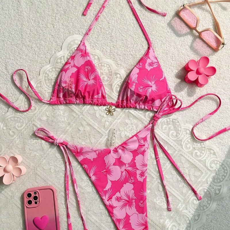 Bikini tie-dye cu gât halter, cupe triunghi, căptușeală pentru bust, material poliester