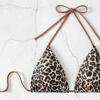 Μπικίνι τοπ με κορδόνια, λεοπάρ σχέδιο, χωρίς μανίκια, πολυεστέρας, επένδυση για το στήθος
