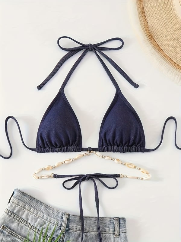 Top de bikini cu bretele lanț, cu burete în piept, fără suport metalic; material nylon cu căptușeală poliester-spandex 18%