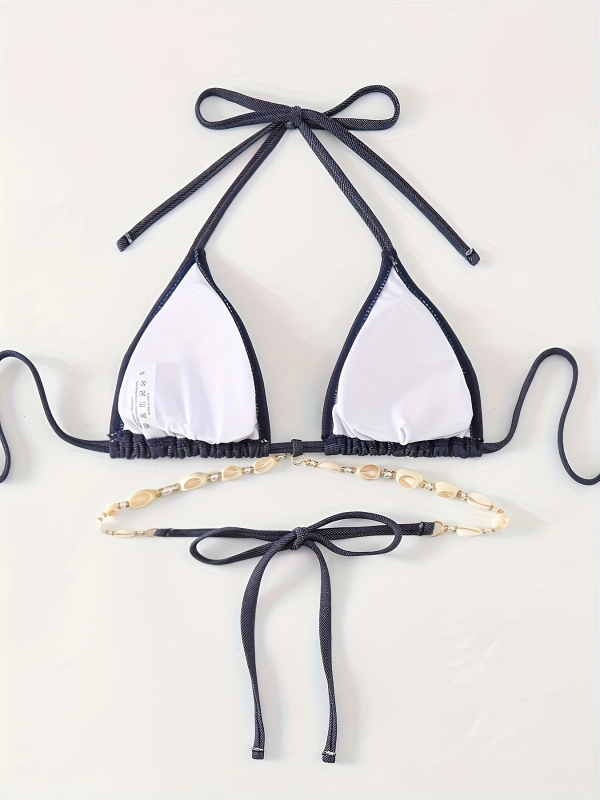 Top de bikini cu bretele lanț, cu burete în piept, fără suport metalic; material nylon cu căptușeală poliester-spandex 18%