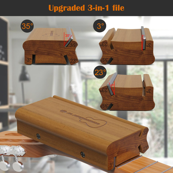 3-in-1 ģitāras fails ar 3/23/35° galiem malām: malu veidošanai, noapaļošanai un grūbu novēršanai; materiāls: augstas oglekļa tērauds + koks