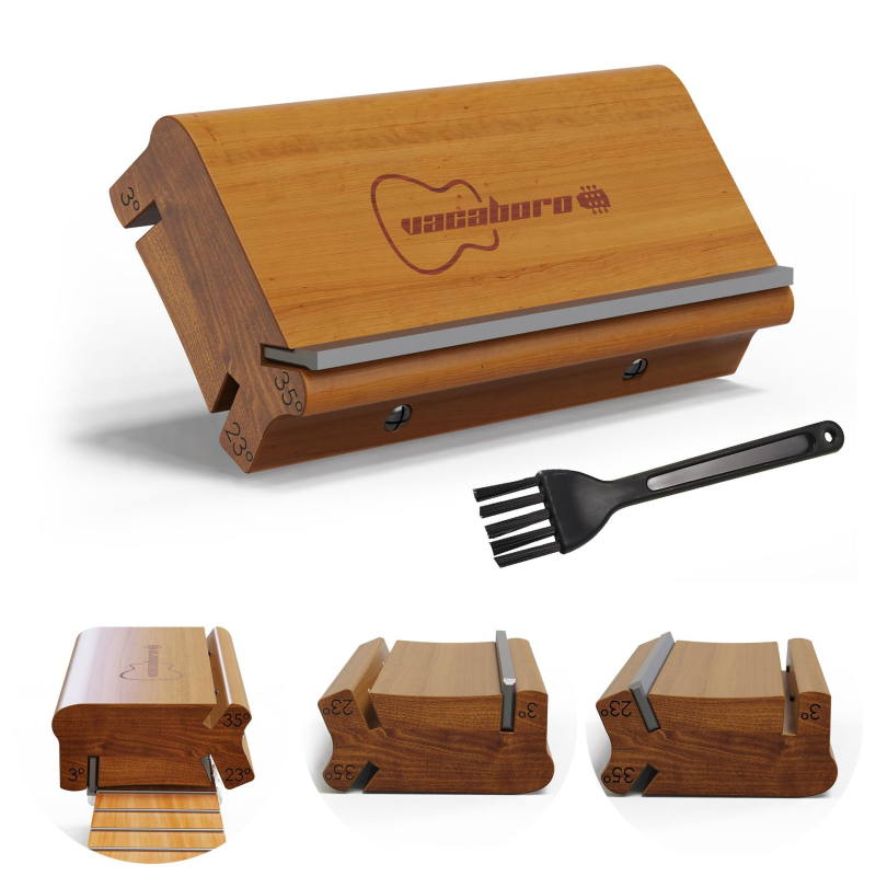 3-in-1 ģitāras fails ar 3/23/35° galiem malām: malu veidošanai, noapaļošanai un grūbu novēršanai; materiāls: augstas oglekļa tērauds + koks