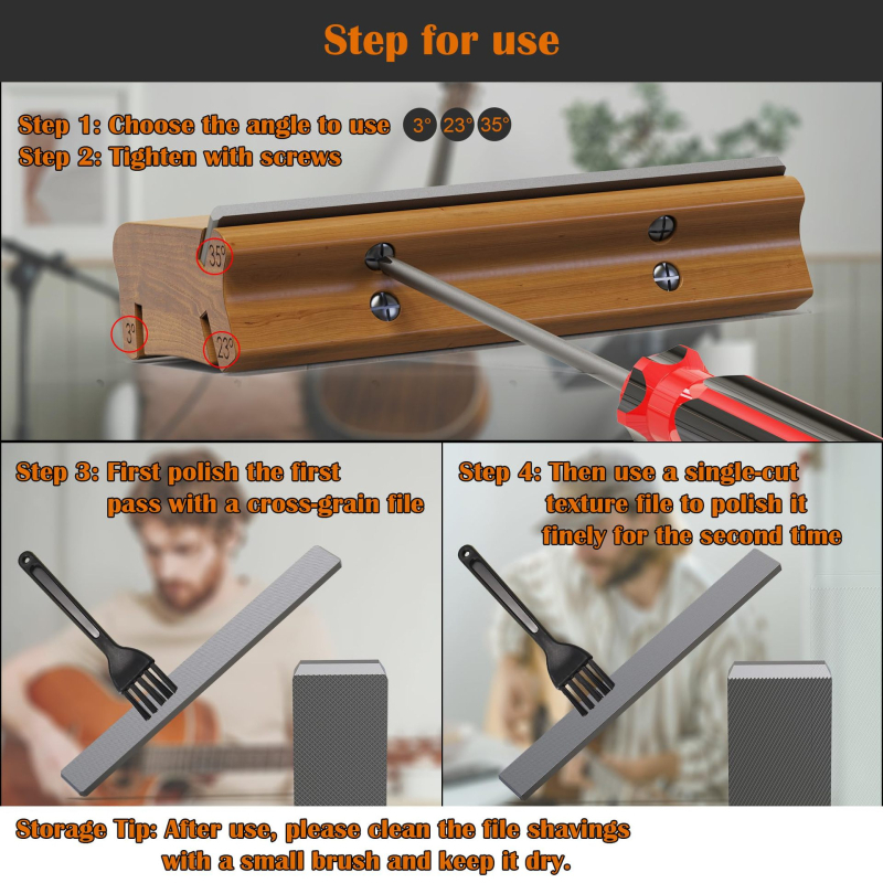 3-in-1 ģitāras fails ar 3/23/35° galiem malām: malu veidošanai, noapaļošanai un grūbu novēršanai; materiāls: augstas oglekļa tērauds + koks