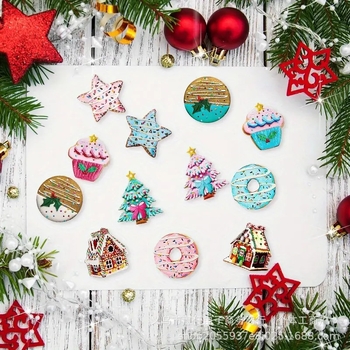 Μενταγιόν χριστουγεννιάτικο σετ 24 τεμάχια, θέμα ντόνατ και σπιτάκι από καραμέλες, ξύλινο, μοντέρνο μινιμαλιστικό στυλ