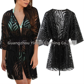 Sieviešu mežģīņu crochet kardigans saules aizsardzībai – svītrainā raksts, garš garums, V kakla izgriezums, 3/4 piedurknes, brīvs piegriezums