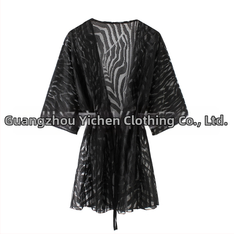 Sieviešu mežģīņu crochet kardigans saules aizsardzībai – svītrainā raksts, garš garums, V kakla izgriezums, 3/4 piedurknes, brīvs piegriezums