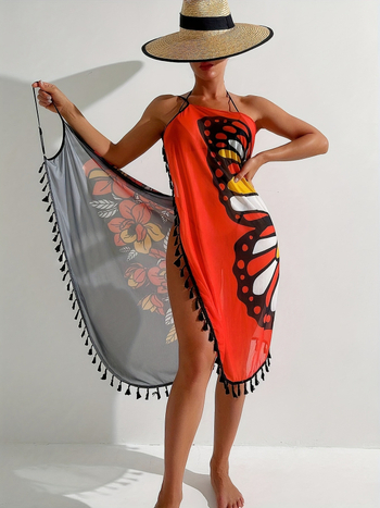 Γυναικείο σετ παραλίας από διαβαθμισμένο δίχτυ με εκτύπωση πεταλούδας, μπλούζα με φούντες και φούστα μέσου μήκους; μοτίβο: διαβαθμιστό; ύφασμα: πολυεστερικό δίχτυ; επένδυση: σπάντεξ; περιεκτικότητα επένδυσης: 5%