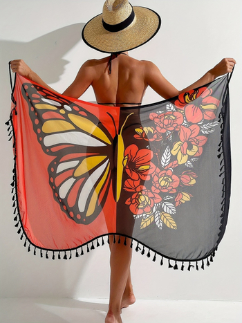 Γυναικείο σετ παραλίας από διαβαθμισμένο δίχτυ με εκτύπωση πεταλούδας, μπλούζα με φούντες και φούστα μέσου μήκους; μοτίβο: διαβαθμιστό; ύφασμα: πολυεστερικό δίχτυ; επένδυση: σπάντεξ; περιεκτικότητα επένδυσης: 5%