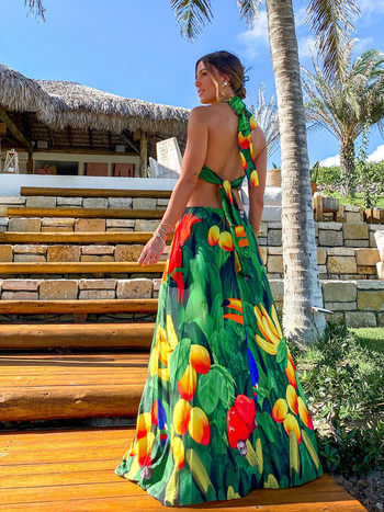 Рокля без ръкави с V-образно деколте и дълга кройка, полиестер