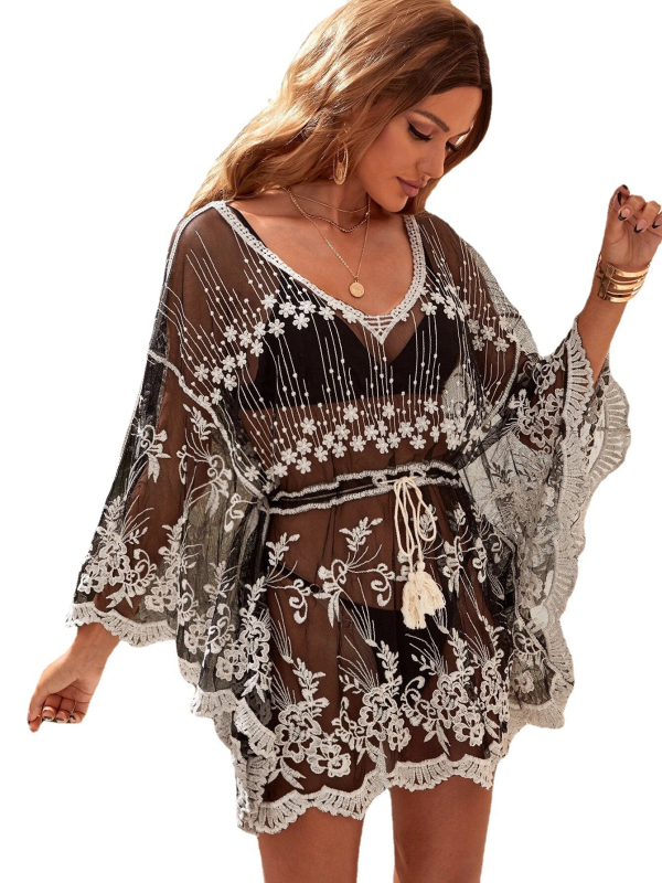 Bluza de plajă cu broderie decupată, bumbac, stil retro, croială lejeră, decolteu în V